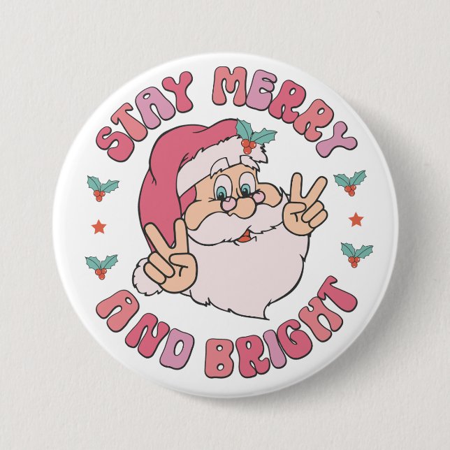 Retro Merry & Bright Santa 3 Inch Round Button (Front)