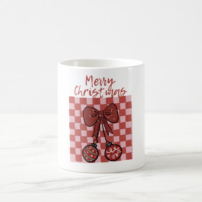 Retro Merry Christmas Bow and Ornaments Design Coffee Mug (Center)