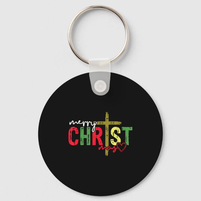 Retro Merry Christmas Cross Christian Jesus Xmas W Keychain (Front)