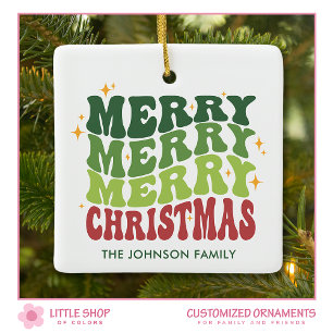 Retro Merry Christmas Customizable Photo Ceramic Ornament