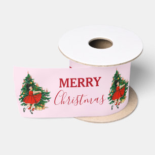 Retro Merry Christmas Girl Xmas Tree Pink Satin Ribbon