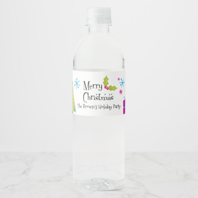 Retro Merry Christmas, Holiday Water Bottle Label (Front)