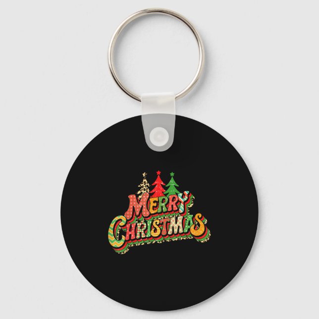 Retro Merry Christmas Matching Family Xmas Holiday Keychain (Front)