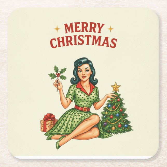 Retro Merry Christmas Pin-Up Paper Coaster (Front)