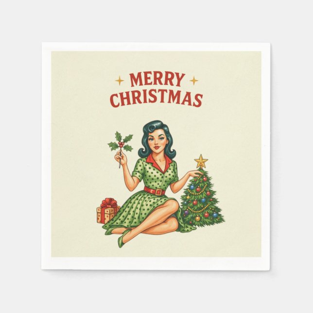 Retro Merry Christmas Pin-Up Paper Napkin  (Front)