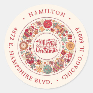 Retro Merry Christmas Return Address Classic Round Sticker