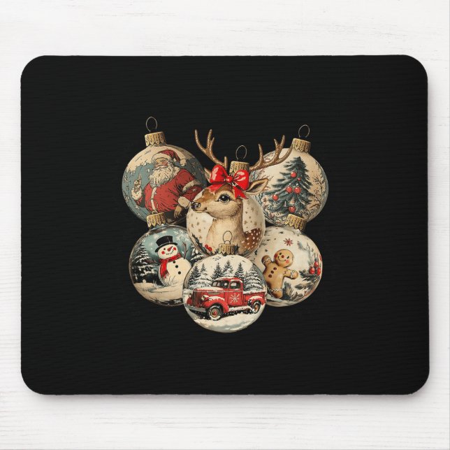 Retro Merry Christmas Santa Snowman Nutcracker Red Mouse Pad (Front)