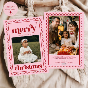 Retro Merry Christmas Stamp Photo Family  Holiday Card