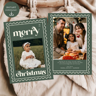Retro Merry Christmas Stamp Photo Family Holiday Card