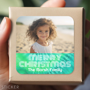 Retro Merry Christmas Tie-Dye Teal Photo 70s Vibe Square Sticker