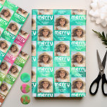 Retro Merry Christmas Tie-Dye Teal Photo 70s Vibe Wrapping Paper Sheet<br><div class="desc">Unconventional Christmas design with a 70s vibe. Photo with the words "MERRY CHRISTMAS" in a retro font that coordinates with the non-traditional background. Add your favourite photo to this eclectic and colourful design. Retro Tie Dye Pattern in a mixture of green and teal. If you need to move anything around,...</div>