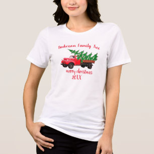 Retro merry christmas tree truck family christmas Tri-Blend shirt