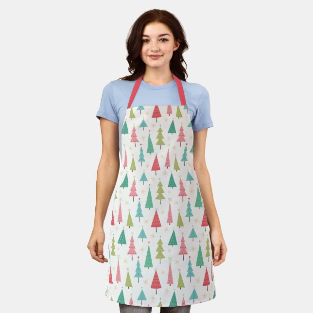 Retro Merry Christmas Trees Fun Holiday Pattern Apron (Worn)
