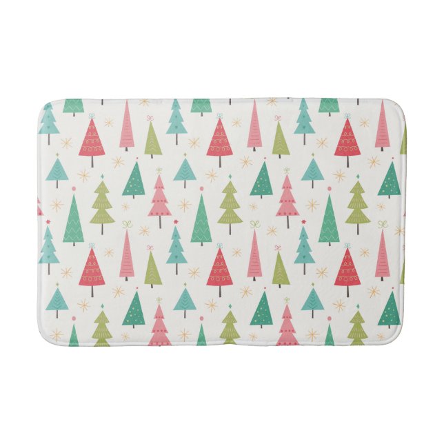 Retro Merry Christmas Trees Fun Holiday Pattern Bath Mat (Front)