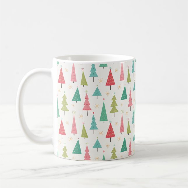 Retro Merry Christmas Trees Fun Holiday Pattern Coffee Mug (Left)