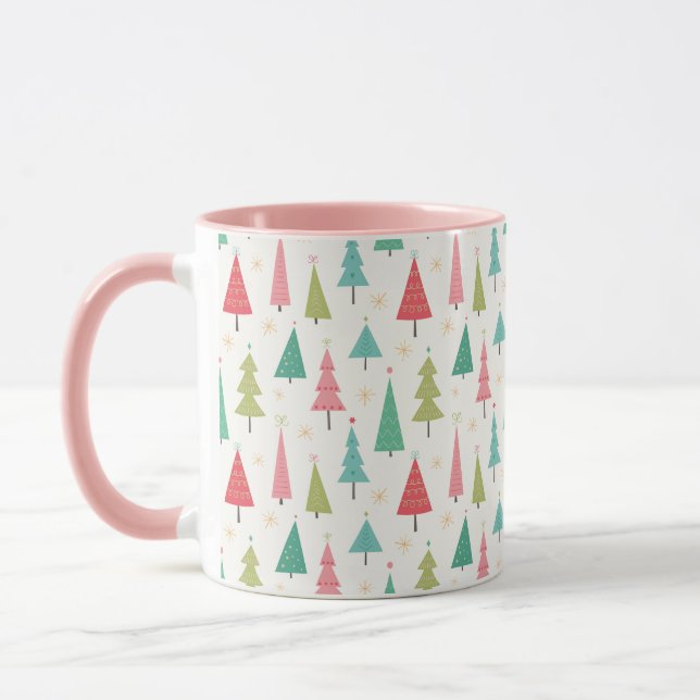 Retro Merry Christmas Trees Fun Holiday Pattern Mug (Left)