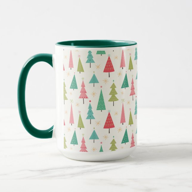 Retro Merry Christmas Trees Fun Holiday Pattern Mug (Left)