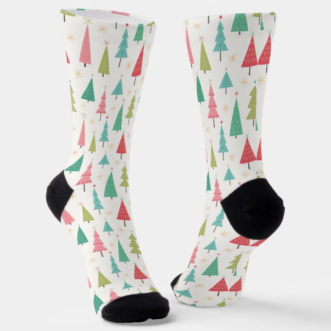 Retro Merry Christmas Trees Fun Holiday Pattern Socks (Angled)