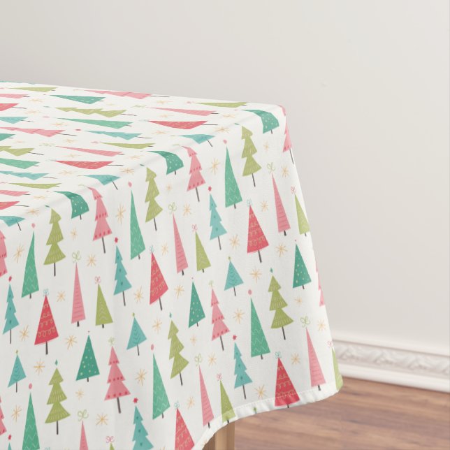 Retro Merry Christmas Trees Fun Holiday Pattern Tablecloth (In Situ)