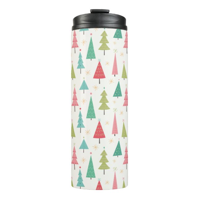 Retro Merry Christmas Trees Fun Holiday Pattern Thermal Tumbler (Front)