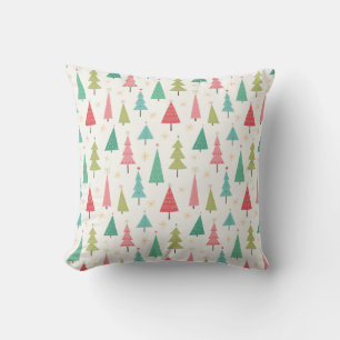 Retro Merry Christmas Trees Fun Holiday Pattern Throw Pillow