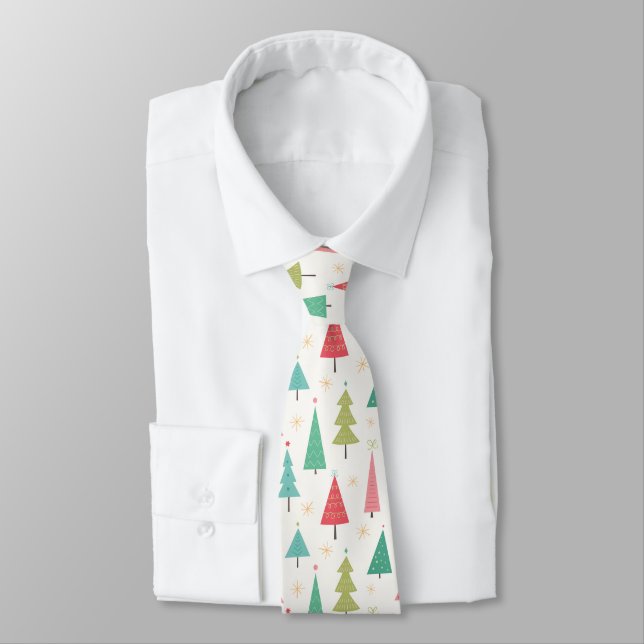 Retro Merry Christmas Trees Fun Holiday Pattern Tie (Tied)