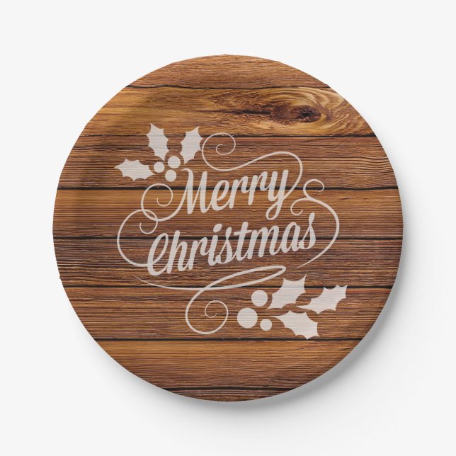 Retro Merry Christmas Typography Barn Wood Paper Plate (Front)
