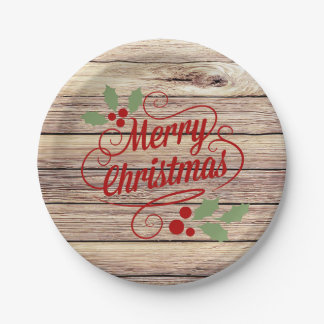 Retro Merry Christmas Typography Birch Wood Paper Plate