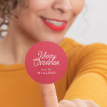 RETRO MERRY CHRISTMAS TYPOGRAPHY ON RED CLASSIC ROUND STICKER<br><div class="desc">Merry Christmas customizable white retro typography on a red background.</div>