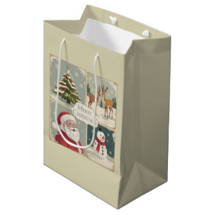 Retro Merry Christmas Vintage Santa Claus Tree Medium Gift Bag