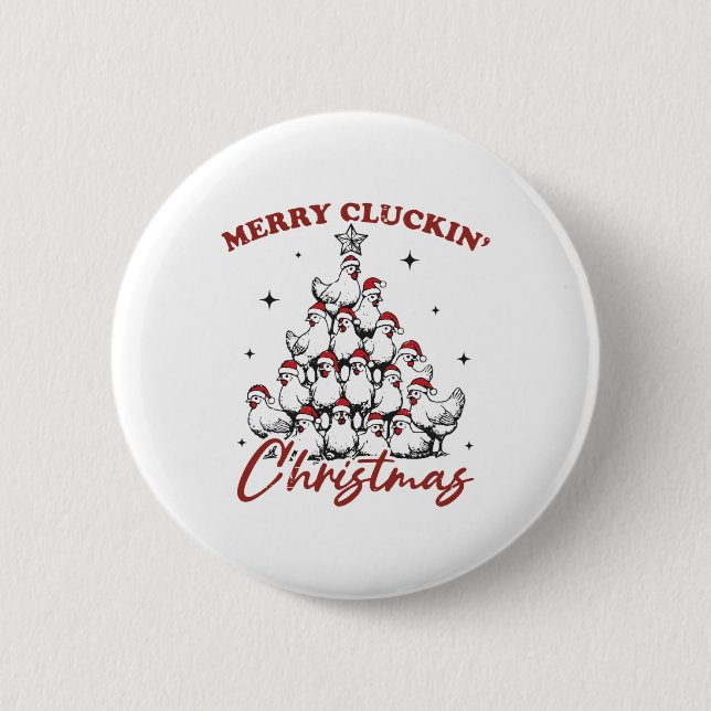 Retro Merry Cluckin Christmas Chicken Tree Farm An 2 Inch Round Button (Front)
