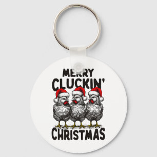Retro Merry Cluckin' Christmas Fun Chicken Santa F Keychain