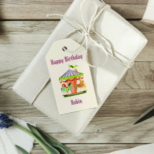Retro Merry-Go-Round Child Name Happy Birthday Gift Tags