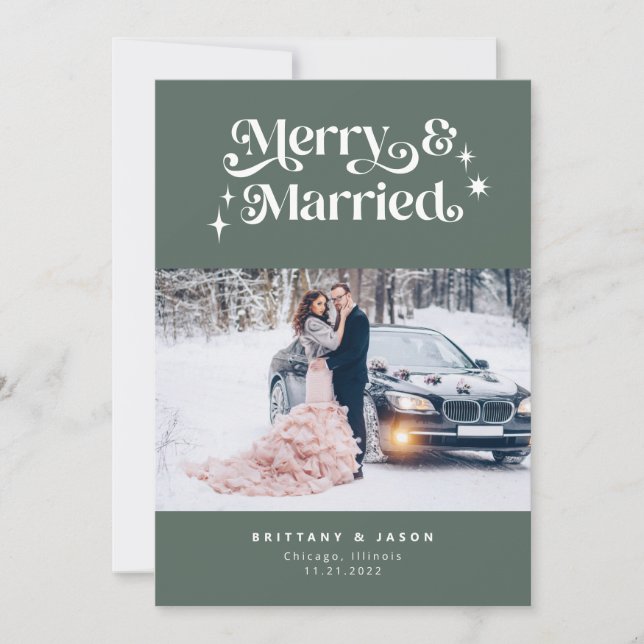 Retro Merry & Married Minimalist Photo Green Holiday Card (Front)