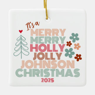 Retro Merry Merry Holly Jolly Christmas Ceramic Ornament