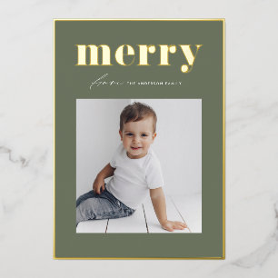 Retro Merry Typography Taupe Green Photo Christmas Foil Holiday Card