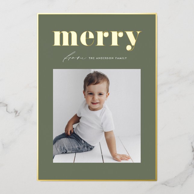 Retro Merry Typography Taupe Green Photo Christmas Foil Holiday Card (Front)