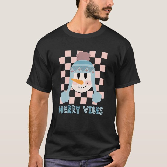 Retro Merry Vibes Christmas Snowman Groovy Happy H T-Shirt (Front)