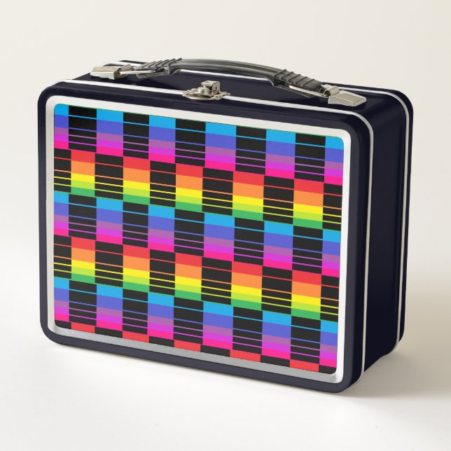 Retro Metal Lunch Box With Rainbow Plaid Pattern (Front)