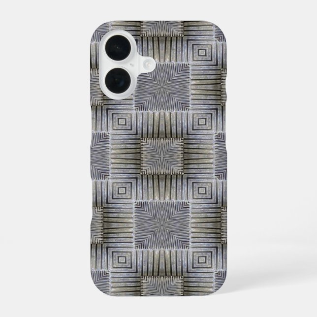 Retro Metallic Silver Decorative Squares Pattern iPhone 16 Case (Back)