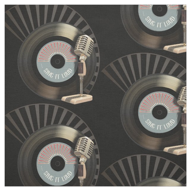 Retro Microphone And Vinyl 45 Record Fabric (Swatch)
