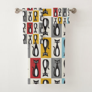 Retro Mid 20th Century Black Cat design Bath Towel Set