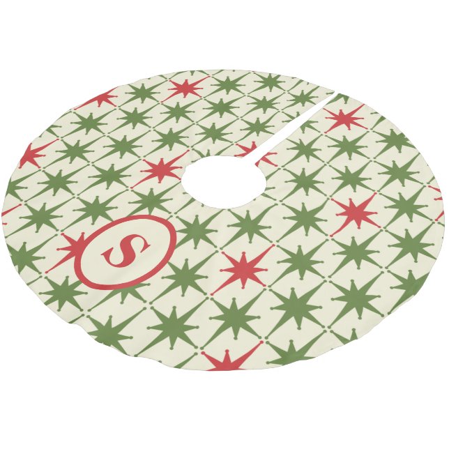 Retro Mid-Century Atomic Christmas Stars Initial Brushed Polyester Tree Skirt (Angled)