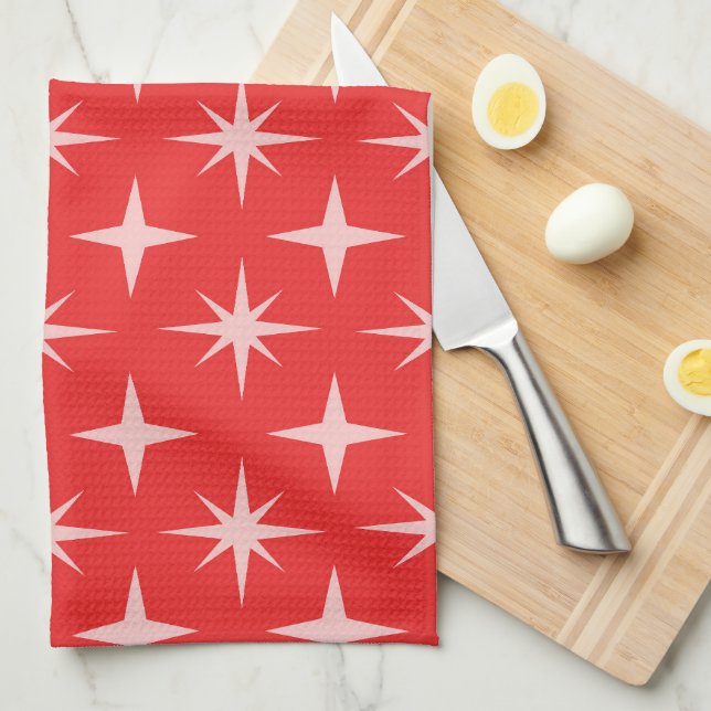Retro Mid Century Atomic Stars Pattern on Red  Kitchen Towel (Quarter Fold)