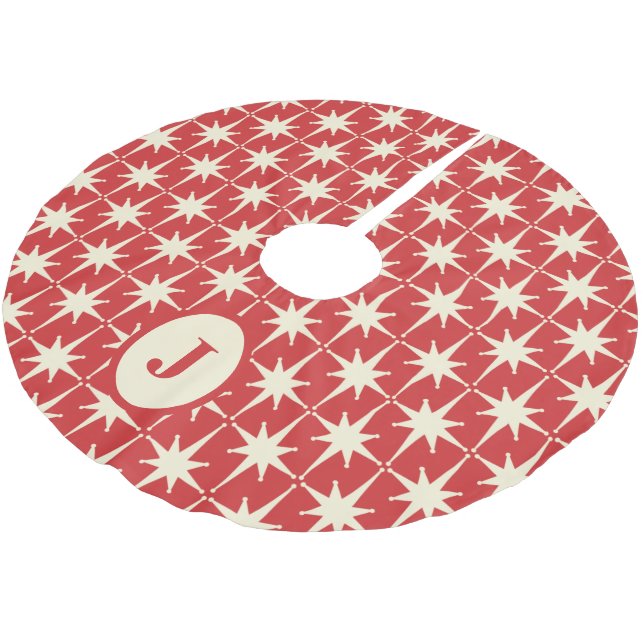 Retro Mid-Century Atomic Stars Pattern Red Initial Brushed Polyester Tree Skirt (Angled)