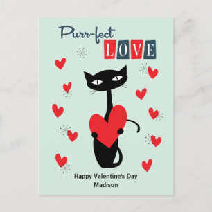 Retro Mid Century Atomic Valentine's Day Cat Holiday Postcard