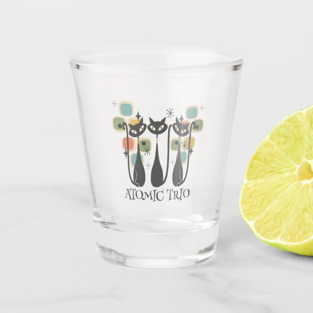 Retro Mid Century Black Atomic Cats MCM Shot Glass (Front)