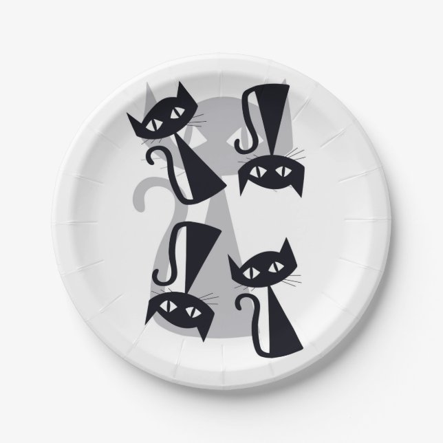 Retro, mid century black cats  paper plate (Front)
