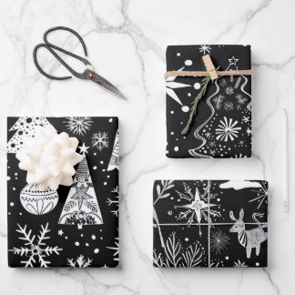 Retro Mid-Century Black & White Ornament Pattern Wrapping Paper Sheet