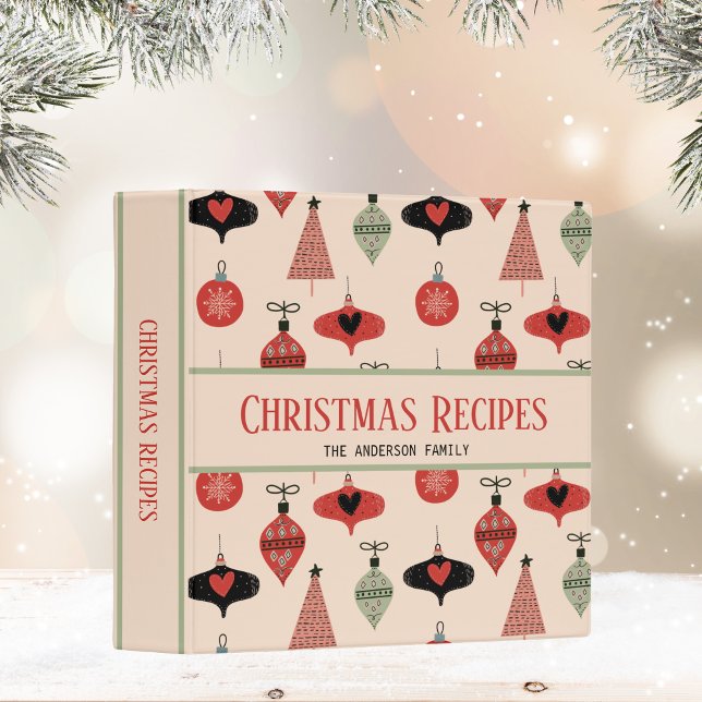 Retro Mid Century Christmas Recipe Binder (Organize holiday recipes with this retro ornament binder—customize your family name!)